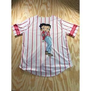 Betty Boop Baseball Jersey Women Large White Red Pinstripe Button Front Mesh Top